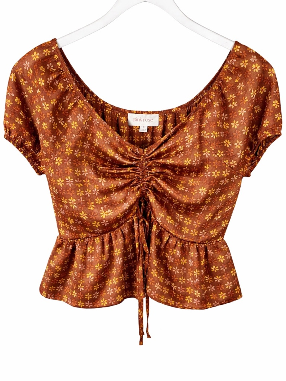 Pink Rose Floral Ruched Tie Front Top Brown Boho Peplum Blouse Size Small